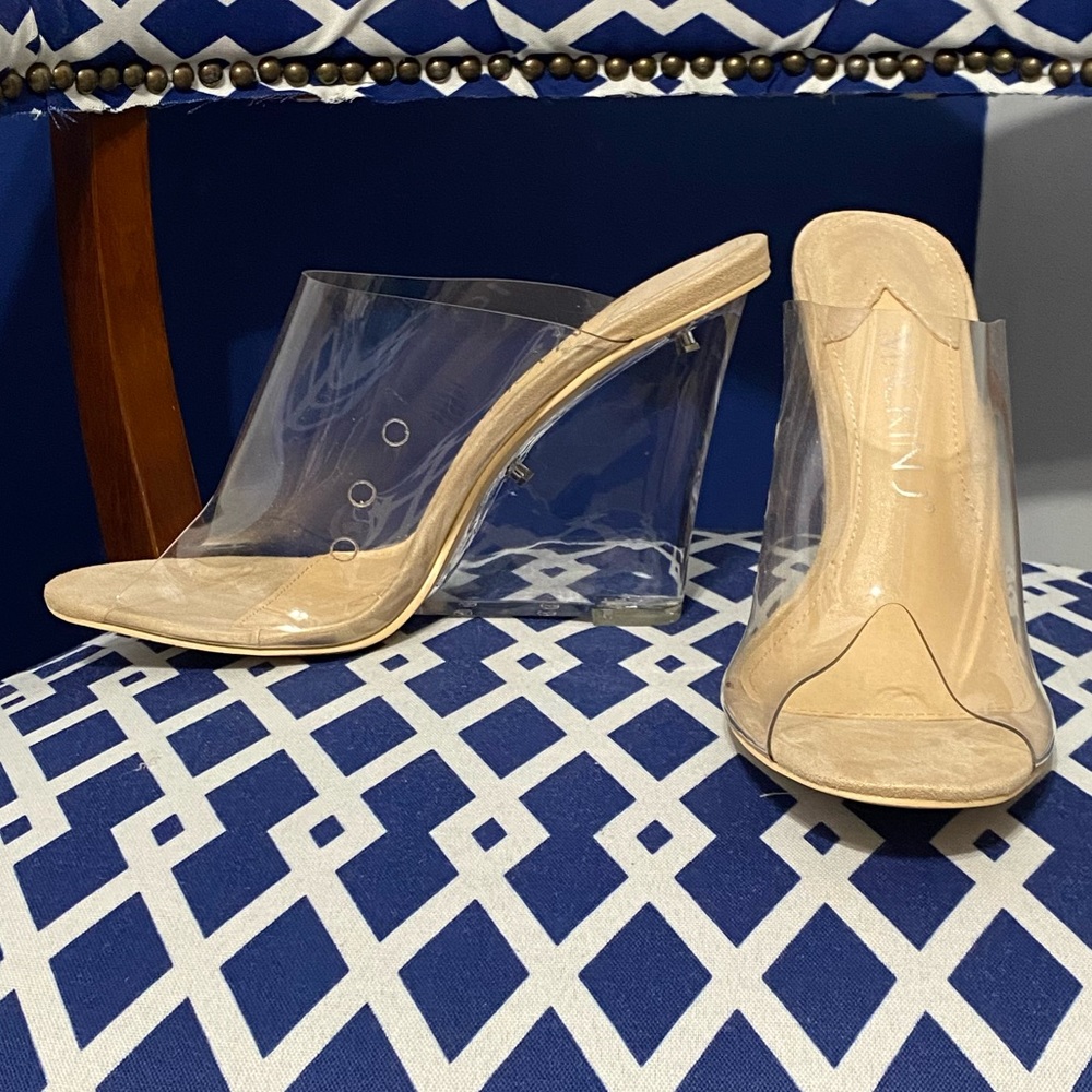 COPY - Clear nude lucite pvc glass slipper open toe wedge high heel mule sandals